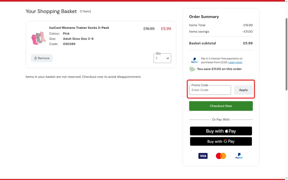 Mountain Warehouse checkout page showing the Enter Code field and Apply button