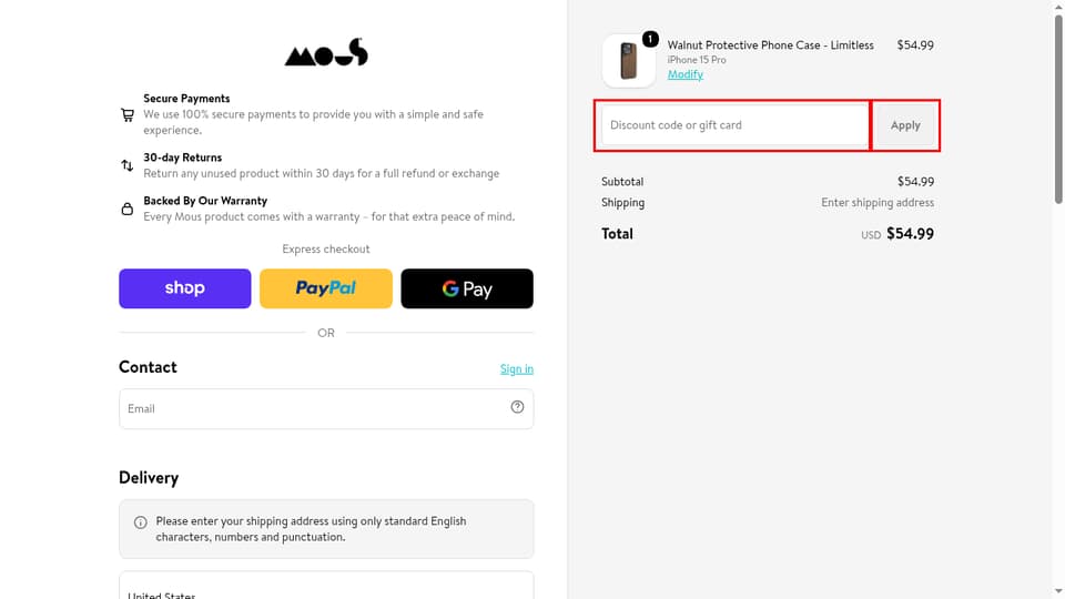 Mous checkout page showing the Discount code or gift card field and Apply button