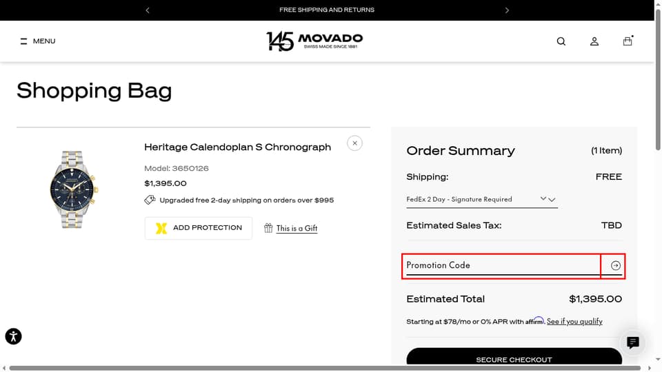Movado checkout page showing the Promotion Code field and apply promo code button