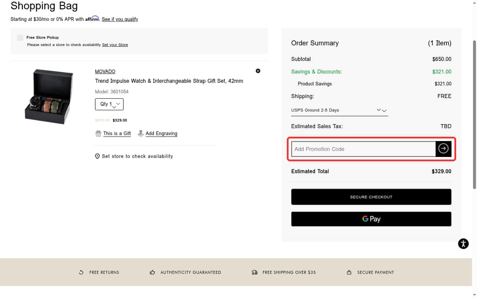 Movado Company Store checkout page showing the Add Promotion Code field and apply promo code button
