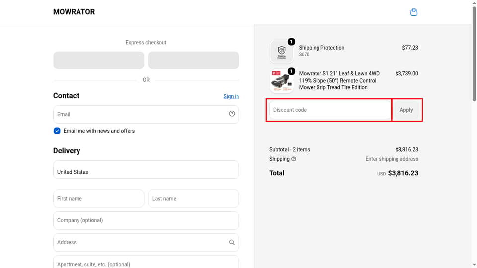 Mowrator checkout page showing the Discount code field and Apply button