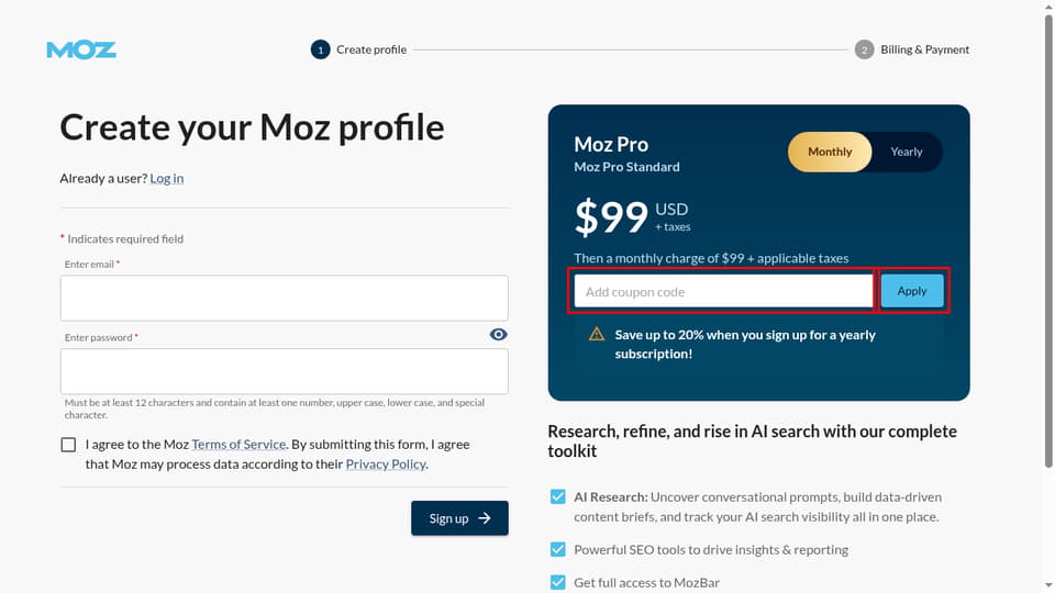 Moz checkout page showing the Add coupon code field and Apply button