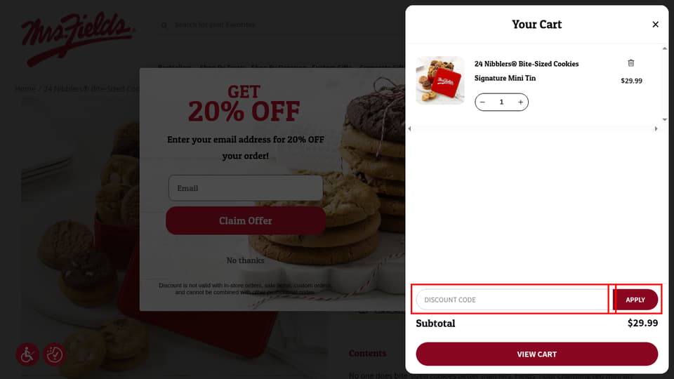 Mrs. Fields checkout page showing the DISCOUNT CODE field and Apply button