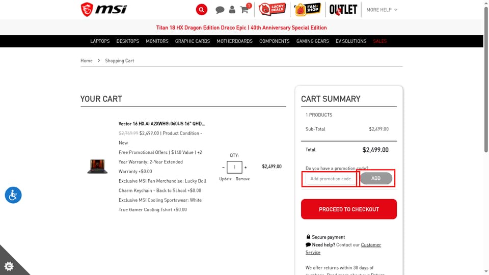 MSI checkout page showing the Add promotion code... field and ADD button