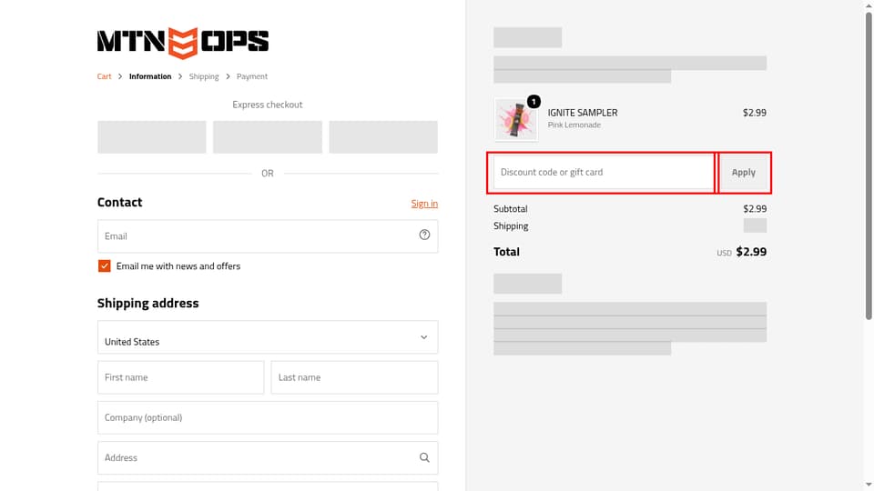 MTN OPS checkout page showing the Discount code or gift card field and Apply button