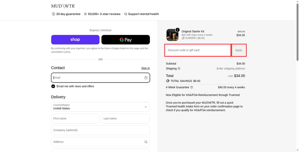 Mudwtr checkout page showing the 