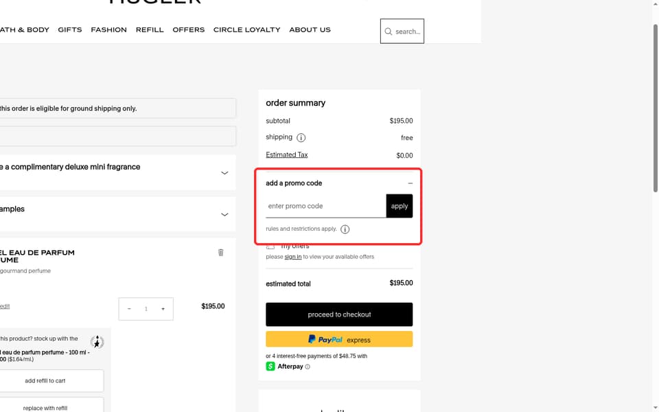 MUGLER checkout page showing the enter promo code field and apply button