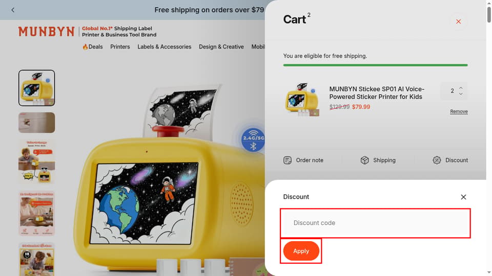 Munbyn checkout page showing the Discount code field and Apply button