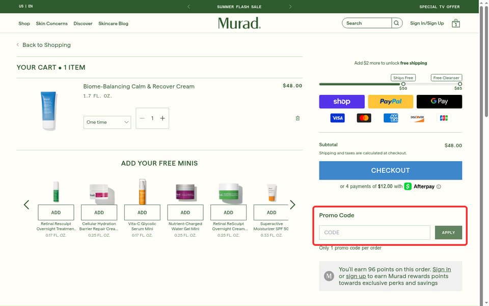 Murad checkout page showing the Promo Code field and APPLY button
