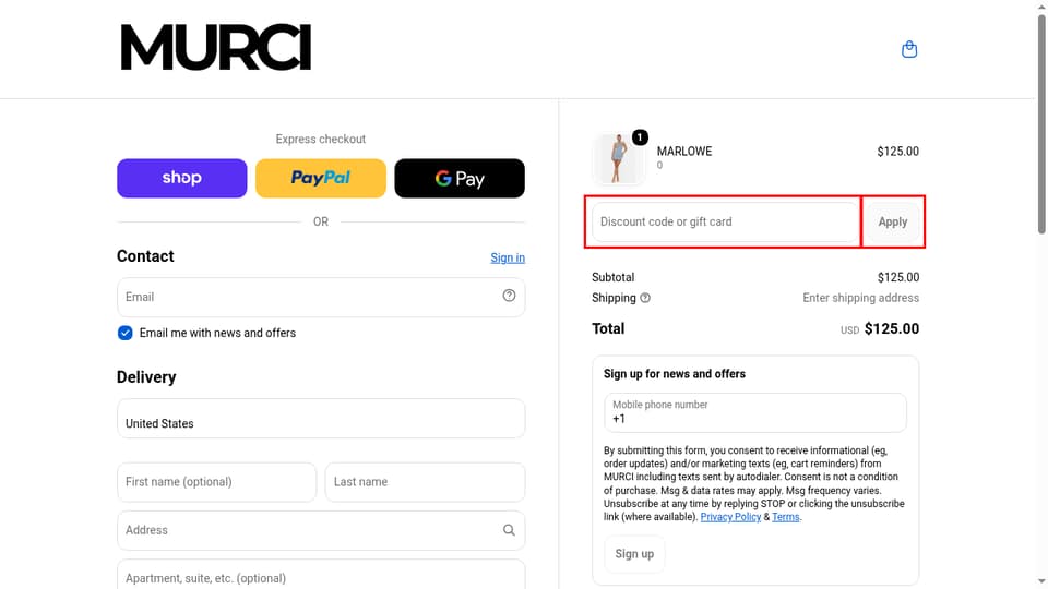 MURCI checkout page showing the Discount code or gift card field and Apply button