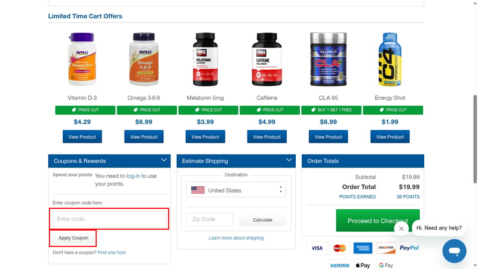 Muscle & Strength checkout page showing the Enter code... field and Apply Coupon button