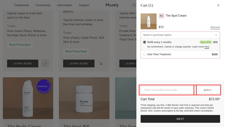 Musely checkout page showing the Enter Promo/Gift Card Code field and APPLY button