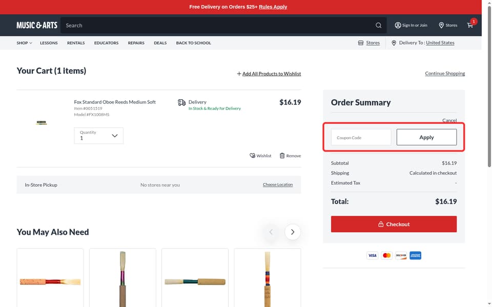 Music & Arts checkout page showing the Coupon Code field and Apply button