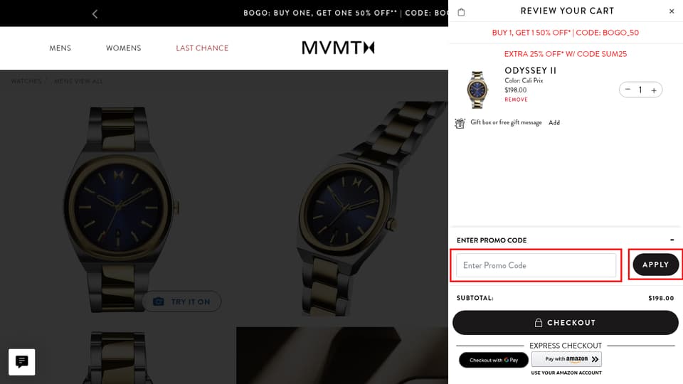 MVMT checkout page showing the Enter Promo Code field and Apply button