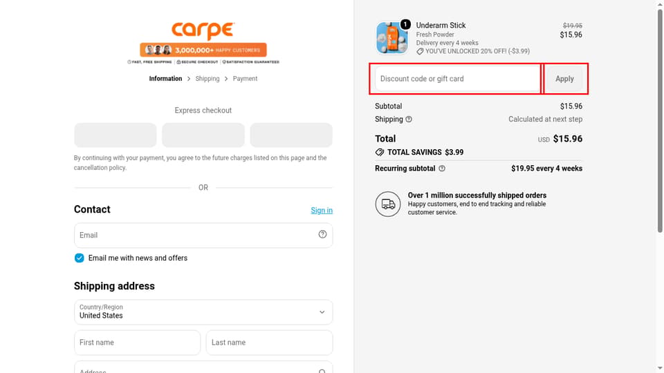 Carpe checkout page showing the Discount code or gift card field and Apply button
