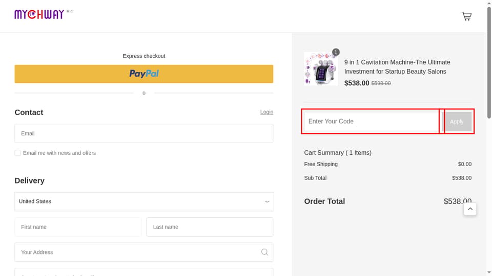 Mychway checkout page showing the Enter Your Code field and Apply button