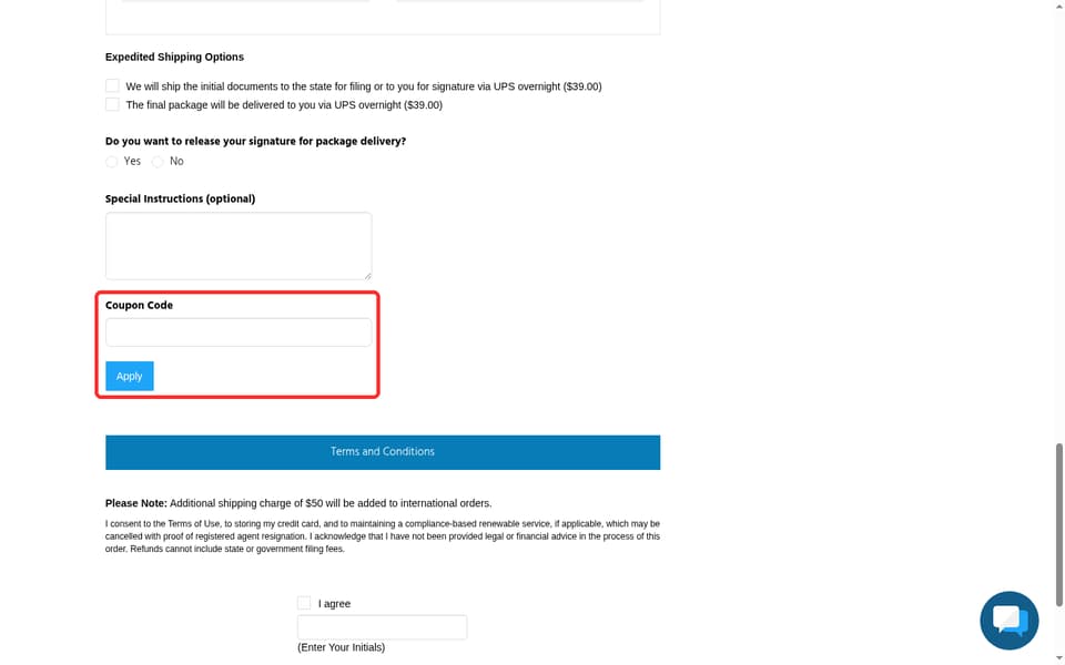 MyCorporation checkout page showing the Coupon Code field and Apply button