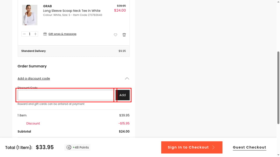 Myer checkout page showing the Discount Code field and Add button