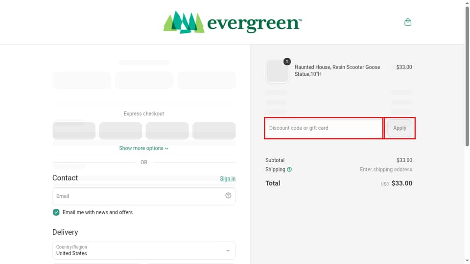 My Evergreen checkout page showing the Discount code or gift card field and Apply button