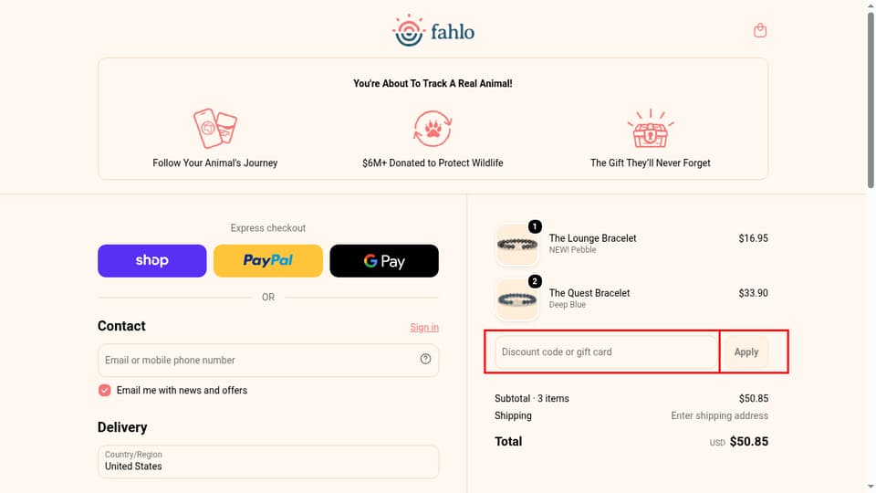Fahlo checkout page showing the Discount code or gift card field and Apply button