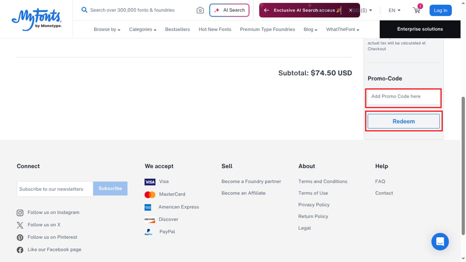 Myfonts checkout page showing the Add Promo Code here field and Redeem button