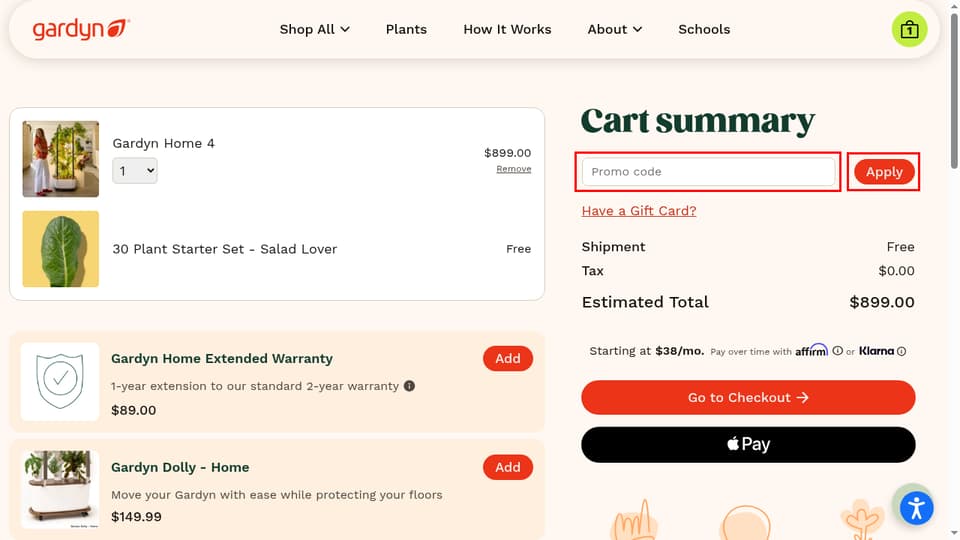 Gardyn checkout page showing the Promo code field and Apply button