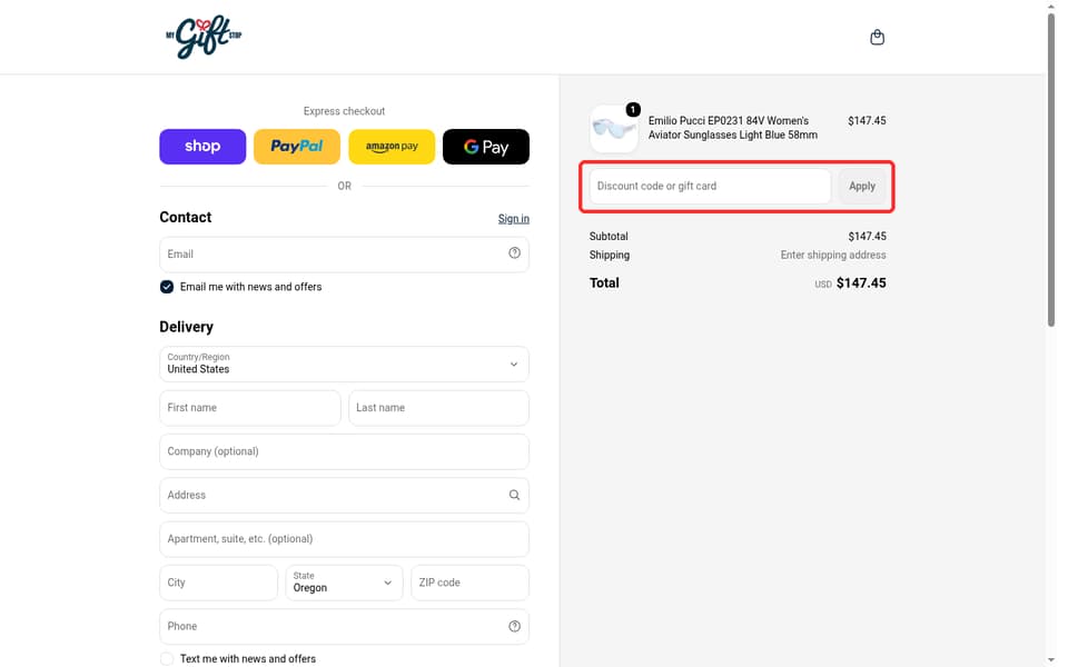 My Gift Stop checkout page showing the Discount code or gift card field and Apply button