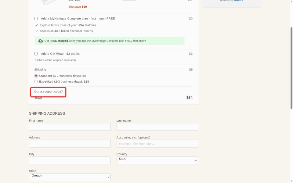 MyHeritage checkout page showing the Got a coupon code? field and Apply button