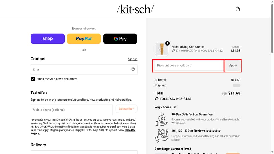 Kitsch checkout page showing the Discount code or gift card field and Apply button