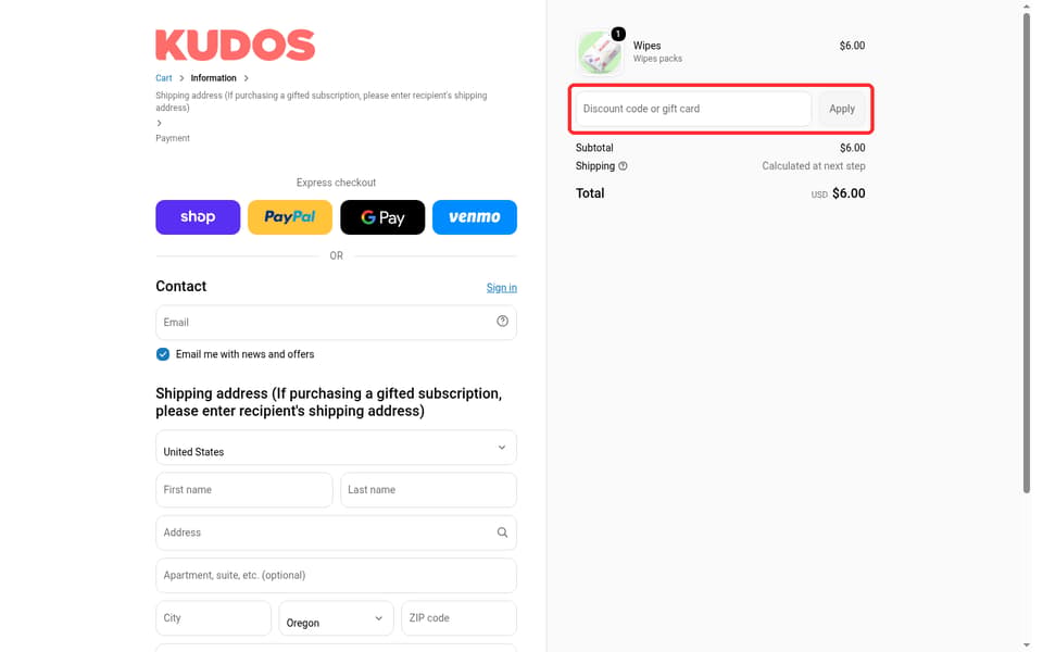 Kudos checkout page showing the Discount code or gift card field and Apply button
