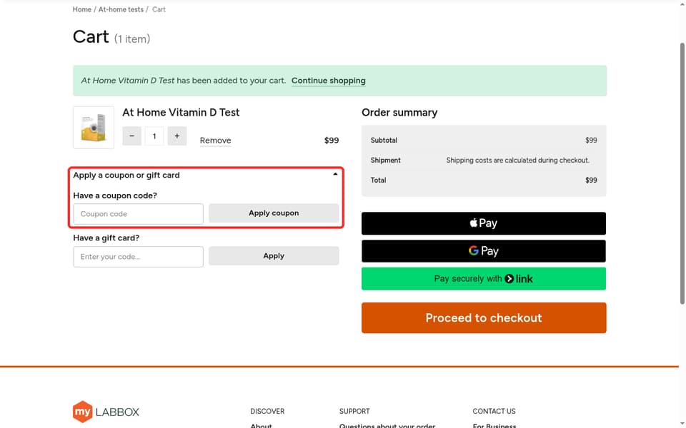 myLAB Box checkout page showing the Coupon code field and Apply coupon button