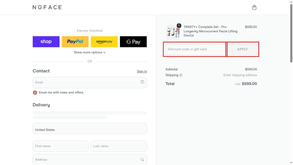 NuFACE checkout page showing the Discount code or gift card field and Apply button