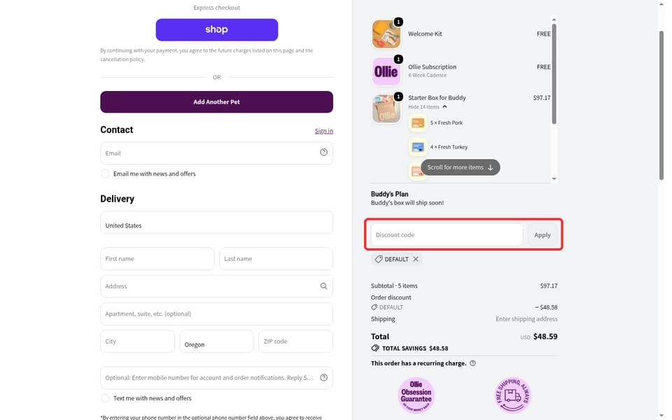 Ollie checkout page showing the Discount code field and Apply button