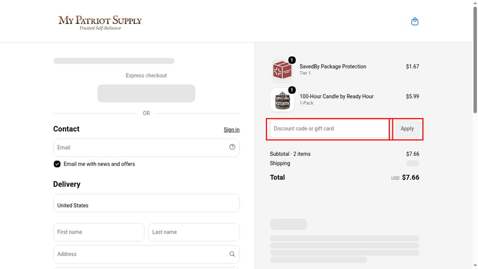 My Patriot Supply checkout page showing the Discount code or gift card field and Apply button
