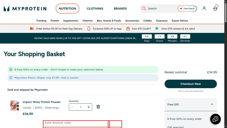 MyProtein checkout page showing the Got a discount code? Enter it here: field and Add button