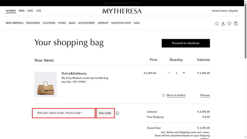 Mytheresa checkout page showing the Gift Card / Store Credit / Promo Code * field and Use code button