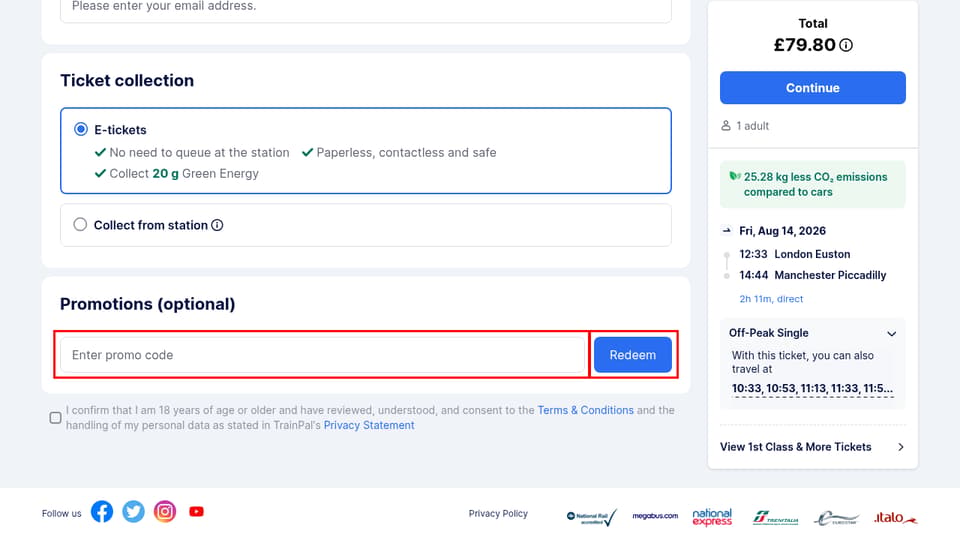 TrainPal checkout page showing the Enter promo code field and Redeem button