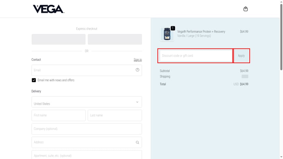 Vega checkout page showing the Discount code or gift card field and Apply button