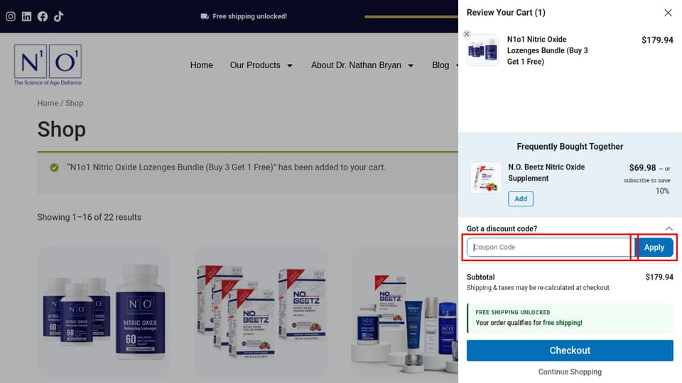 N1O1 checkout page showing the Coupon Code field and Apply button