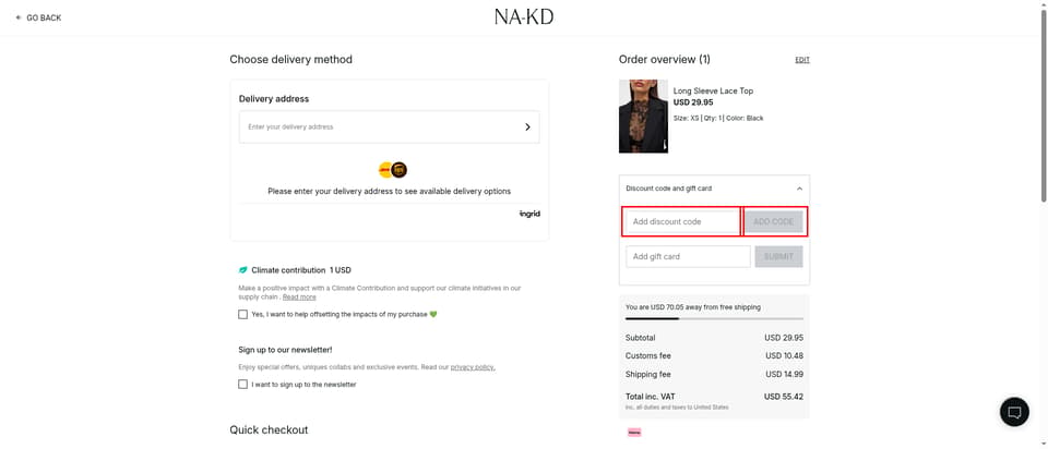 NA-KD checkout page showing the Add discount code field and ADD CODE button