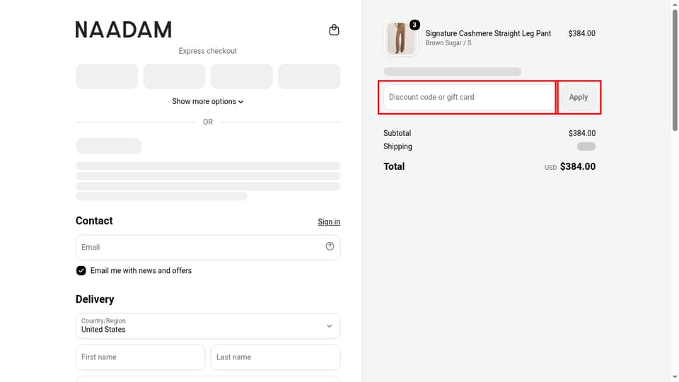 NAADAM checkout page showing the Discount code or gift card field and Apply button