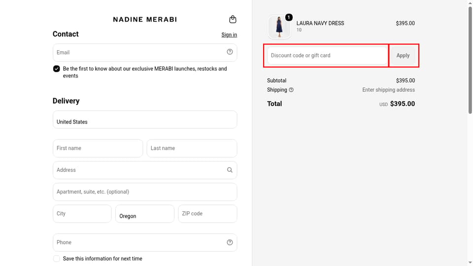 NADINE MERABI checkout page showing the Discount code or gift card field and Apply button