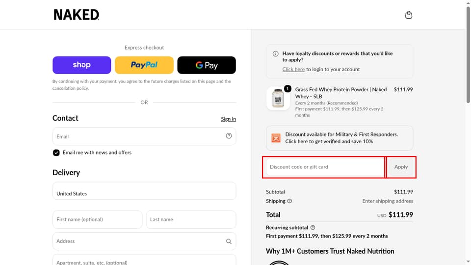 Naked Nutrition checkout page showing the Discount code or gift card field and Apply button