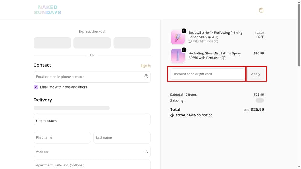 Naked Sundays checkout page showing the Discount code or gift card field and Apply button