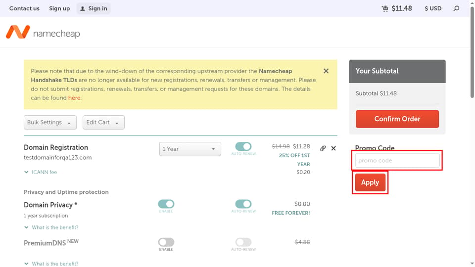 Namecheap checkout page showing the promo code field and Apply button