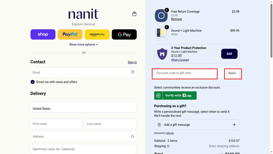 Nanit checkout page showing the Discount code or gift card field and Apply button