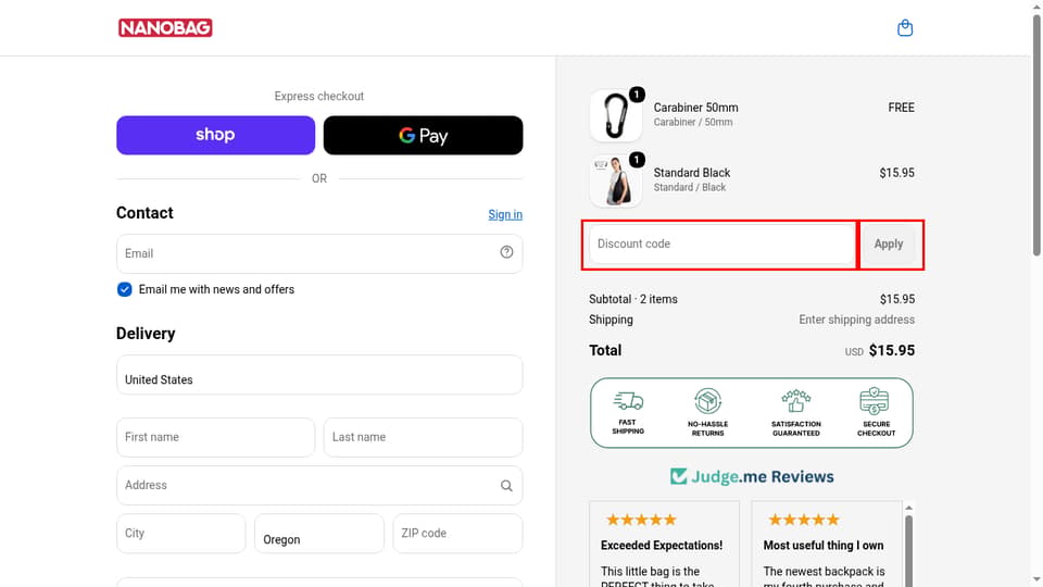 Nanobag checkout page showing the Discount code field and Apply button