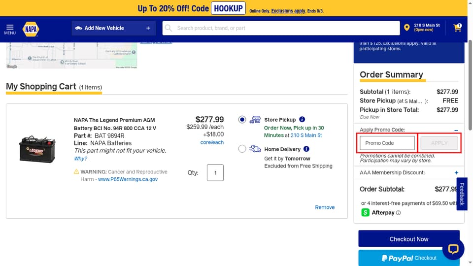 NAPA Auto Parts checkout page showing the Promo Code field and APPLY button