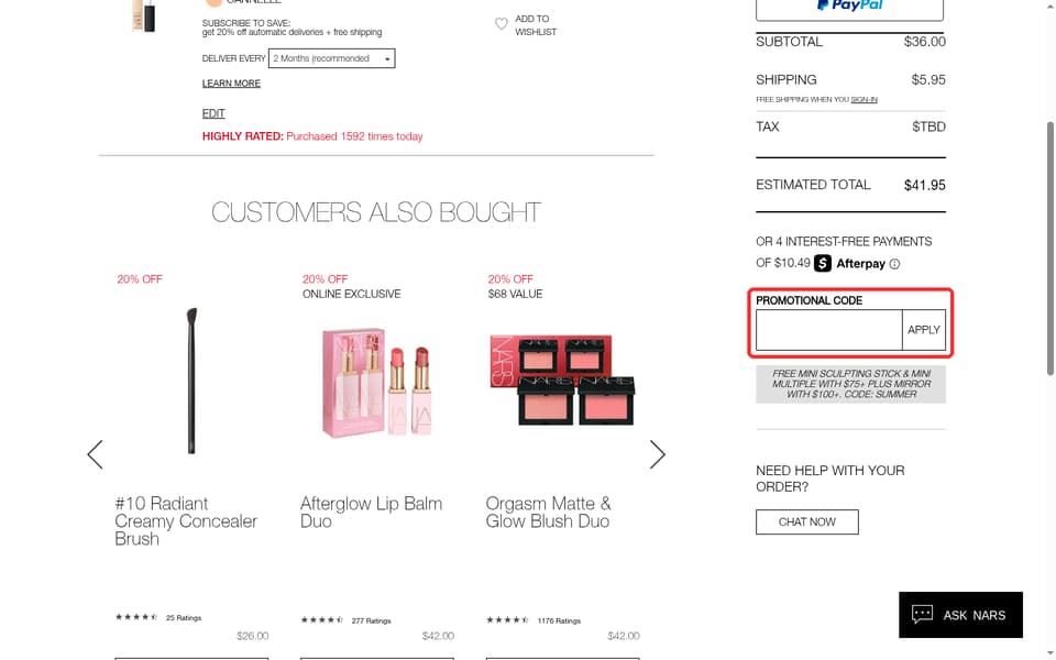 NARS Cosmetics checkout page showing the Enter Promo Code field and Apply button