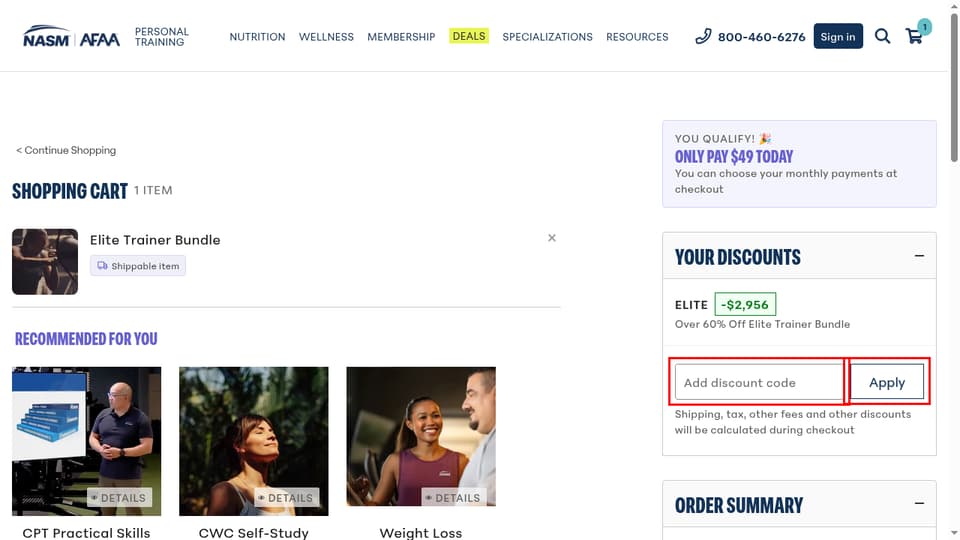 National Academy of Sports Medicine (NASM) checkout page showing the Add discount code field and Apply button